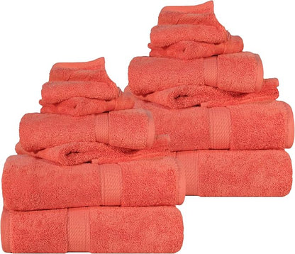 SUPERIOR Egyptian Cotton Ultra Plush & Absorbent, 12 Piece Set, Coral | Heavyweight 12 Pc Egyptian Cotton Towel Set Includes 4 Bath Towels 4 Hand Towels 4 Washcloths Decorative Rope Border