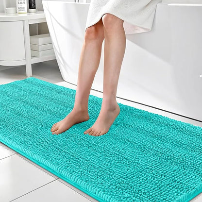 OLANLY Thick Bathroom Runner Rugs 70x24, Soft Chenille Long Bath Rugs, Teal | Absorbent Striped, Rubber Backing, Machine Wash, Bath Mats for Bathroom Floor, Tub and Shower, Home Decor Accessories