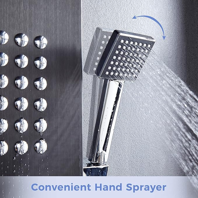 Delavin Multi Fuction Shower Panel, Shower Tower, Rainfall Waterfall Stainless Steel Shower Panel Tower System, Full Body Shower System with Body Jets, Tub Spout, Handheld Shower, Brushed Black | Stainless Steel, Rainfall Waterfall, Body Jets, Tub Spou...