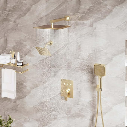 MONDAWE 12 Inch Wall Mounted Brushed Gold Shower System, 3-Function Shower Faucet Set with Rainfall Dual Shower Head and High Pressure 4-Setting Handheld, All Functions Can be Used At the Same Time