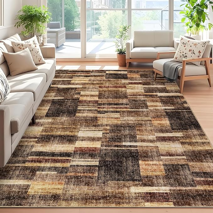 Washable Rug 10x13 Area Rug for Bedroom Geometric Farmhouse Living Room Rug Non Slip Large Area Rug Low Pile Throw Rugs Stain Resistant Carpet for Dining Room Brown 10'x13'