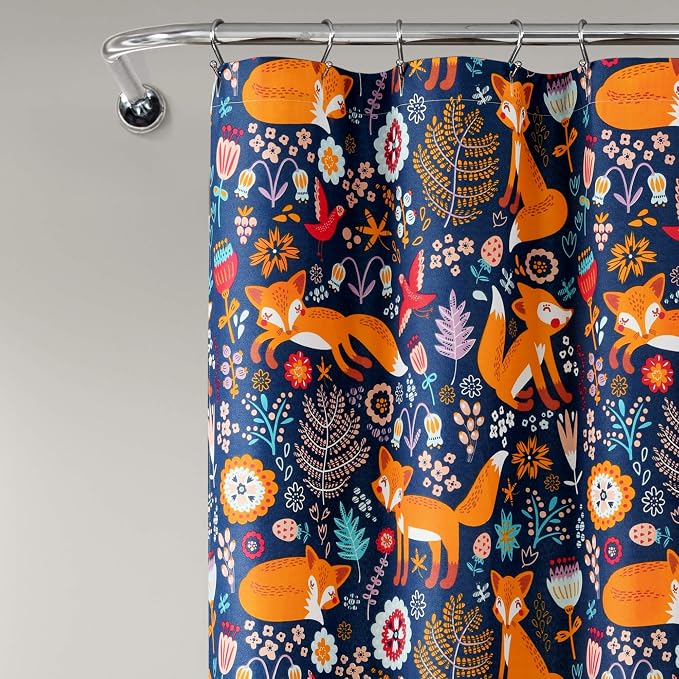 Lush Decor Pixie Fox Shower Curtain, 72" W x 72" L, Navy - Navy Shower Curtain - Fun Kids Floral & Animal Bathroom Decor