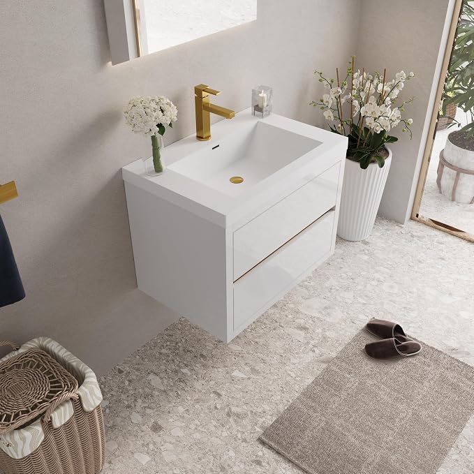 Modern 30" Wall-Mounted Bathroom Vanity with Sink | Floating Storage Cabinet, Stone Resin Countertop, Soft Close Drawers | Glossy White
