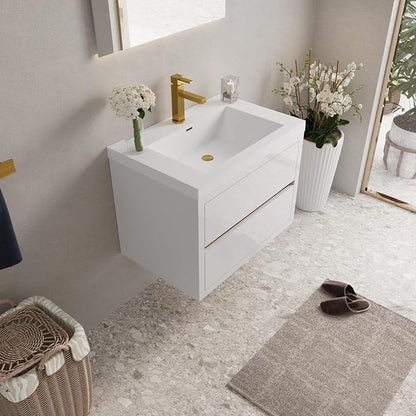 Modern 30" Wall-Mounted Bathroom Vanity with Sink | Floating Storage Cabinet, Stone Resin Countertop, Soft Close Drawers | Glossy White