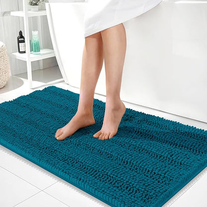 OLANLY Thick Bathroom Runner Rugs 44x24, Chenille Bath Rugs, Peacock Blue | Absorbent Striped, Rubber Backing, Machine Wash, Long Bath Mats for Bathroom Floor, Tub and Shower, Home Decor Accessories