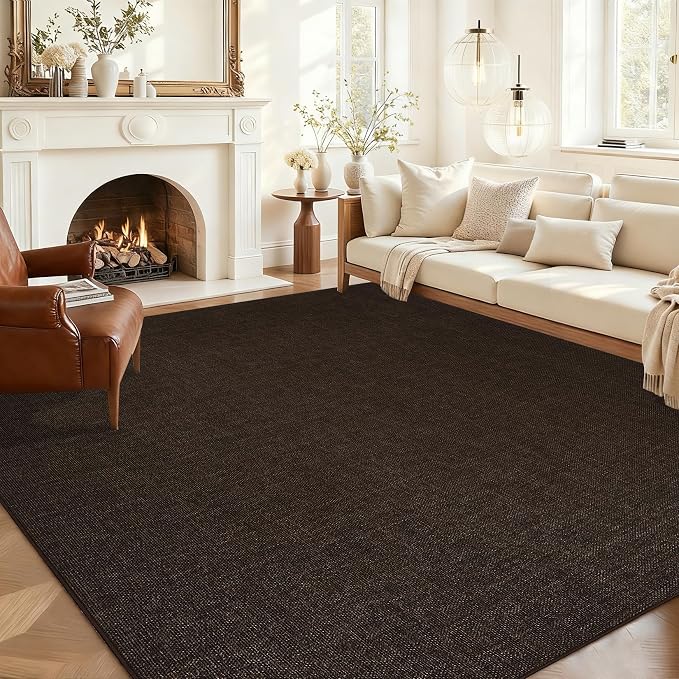 Garvee Modern Solid Washable Rug 8x10 Area Rugs for Living Room Brown | Woven Textured Ultra-Thin Rug Non Slip Non-Shedding Indoor Floor Mat Foldable Farmhouse Carpet for Bedroom Office Dining Room
