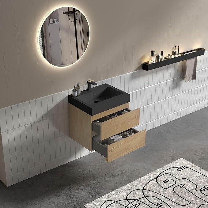 24" Floating Bathroom Vanity with Black Sink, Modern Bathroom Cabinet with Top and Soft Close Drawers, Spacious Storage for Small Space, Natural Oak - Lavanda Collection