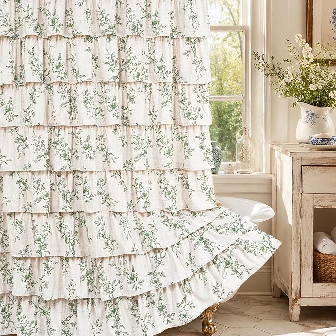 Yinhua Farmhouse Ruffle Shower Curtains with Green Floral, 72" Wx72 L | French Country Vintage Rustic Washable Waterproof Shower Curtain for Bathroom Bathtub, 12 Metal Hooks