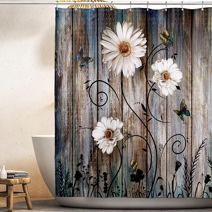 Rustic Shower Curtain Set Grey Floral Fabric Bath Curtain 12 Hooks Butterfly Daisy American Country Farm Style 84W×72 L Inches