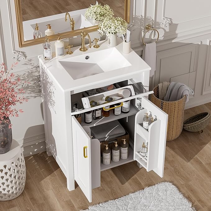 24" Bathroom Vanity with Sink, Modern Bathroom Vanity 24 Inch with Sink, 24 Bathroom Sink Vanity with Flip Drawer, Cabinet and Door Shelves, 24" Vanity with Sink for Bathroom (White)