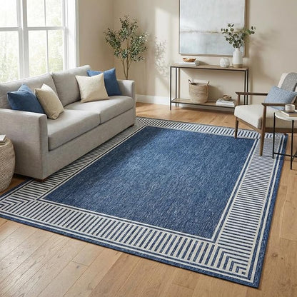 Garvee Bordered Area Rug 5x7 Washable Living Room Rug Non Slip Rugs Blue | Modern Ultra Soft Non-Shedding Floor Cover Low Pile Stain-Resistant Lines Print Throw Carpet for Bedroom Kids Room Dorm