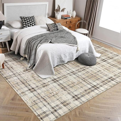 Modern Washable 8x10 Area Rug - Soft, Non-Slip, Stain Resistant, Farmhouse Tartan Plaid for Living Room, Bedroom, Nursery, Office - Beige