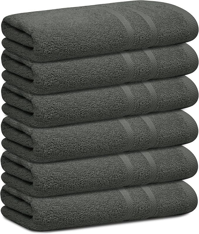 Looperry 6 Pack Small Bath Towel Set - 100% Cotton 23x46 Shower Towels in 450 GSM. Lightweight & Absorbent Quick Dry Gym Towel for Showering, Pet Drying, Spas & Salons (Charcoal Grey)