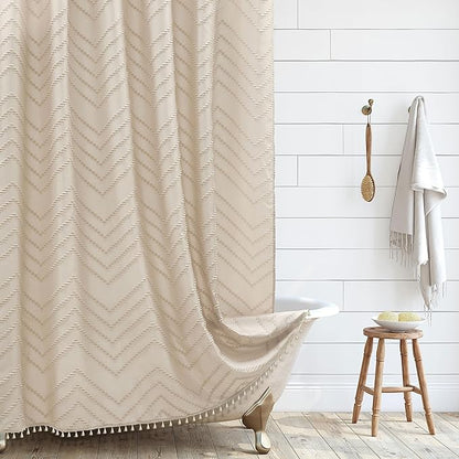 Siiluminisoy Boho Farmhouse Shower Curtain, Woven Fabric Cute Beige, 60 x 72 Tufted Chevron Textured Striped Modern Farmhouse Minimalist