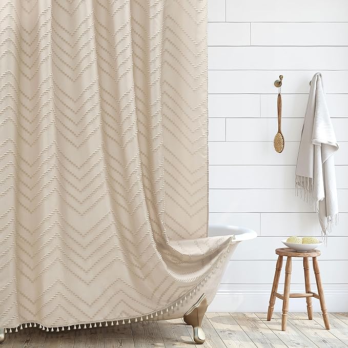 Siiluminisoy Extra Long Boho Shower Curtain, Woven Fabric 84 in Beige Shower Curtain, 72 x 84, Tufted Chevron Striped Modern Chic Textured Minimalist Bathroom