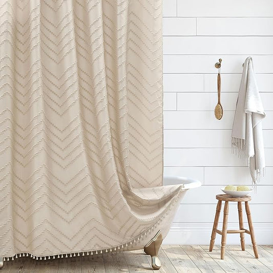 Boho Farmhouse Shower Curtain, Woven Fabric Cute Beige, 60 x 72 Tufted Chevron Textured Striped Modern Farmhouse Minimalist