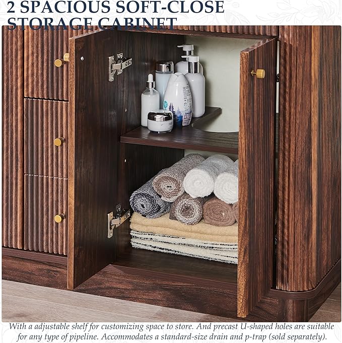 T4TREAM 48 Inch Bathroom Vanity with Sink, Modern Fluted Large Double Sink Bathroom Vanity with 2 Storage Cabinets, Adjustable Shelf, and 2 Drawers, Dark Walnut