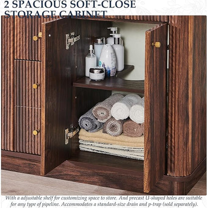 T4TREAM 48 Inch Bathroom Vanity with Sink, Modern Fluted Large Double Sink Bathroom Vanity with 2 Storage Cabinets, Adjustable Shelf, and 2 Drawers, Dark Walnut