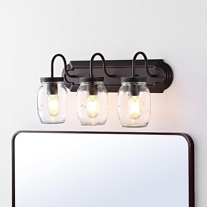 JONATHAN Y 19.3" Oil Rubbed Bronze 3-Light Iron and Glass Mason Jar Vanity Light, Farmhouse Industrial Rustic Wall Sconce for Bathroom, UL Listed, LED Bulbs Included JYL7801A