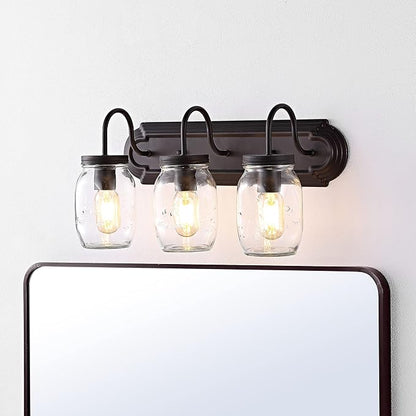 JONATHAN Y 19.3" Oil Rubbed Bronze 3-Light Iron and Glass Mason Jar Vanity Light, Farmhouse Industrial Rustic Wall Sconce for Bathroom, UL Listed, LED Bulbs Included JYL7801A