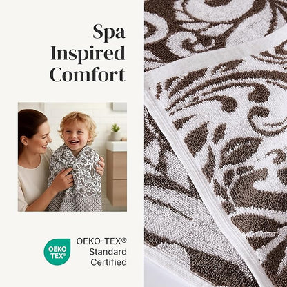 Modern Threads 6 Piece Bath Towel Set – Bathroom Set with 2 Bath Towels, 2 Hand Towels, and 2 Wash Cloths – 100% Cotton, Super Absorbent & Extra Soft – Reversible Botanical Vine (Taupe Brown)
