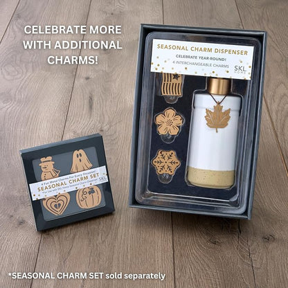 SKL Home Seasonal Charm Soap/Lotion Dispenser & 4 Holiday Charms, Warm Gold | Interchangeable designs to celebrate all year! Gift-ready & great for the bathroom, kitchen, bar or any sink space.