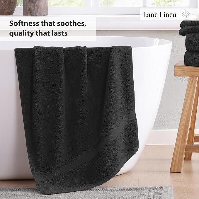 LANE LINEN Luxury Towels Set - 3 Piece Set, 100% Cotton Bathroom Towels, Zero Twist, Quick Dry Shower Towels, Absorbent Bath Towel, Super Soft, 1 Bath Towel, 1 Hand Towel, 1 Wash Cloths - Black | Towel Pack - Terry Weave Comfort, Long-Lasting Comfort, ...