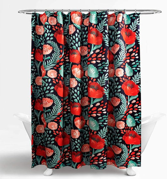 Lush Decor Poppy Garden Shower Curtain Single 72" W x 72" L Navy - Floral Shower Curtains for Bathroom - Colorful Bathroom Curtain - Cottage Core Decor