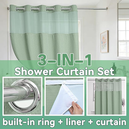 Conbo Mio No Hook Sage Green Waffle Weave Shower Curtain with Snap in Liner Set, Hotel Luxury Shower Curtains for Bathroom with See Through Top Window, Waterproof, Washable 71W x 74H