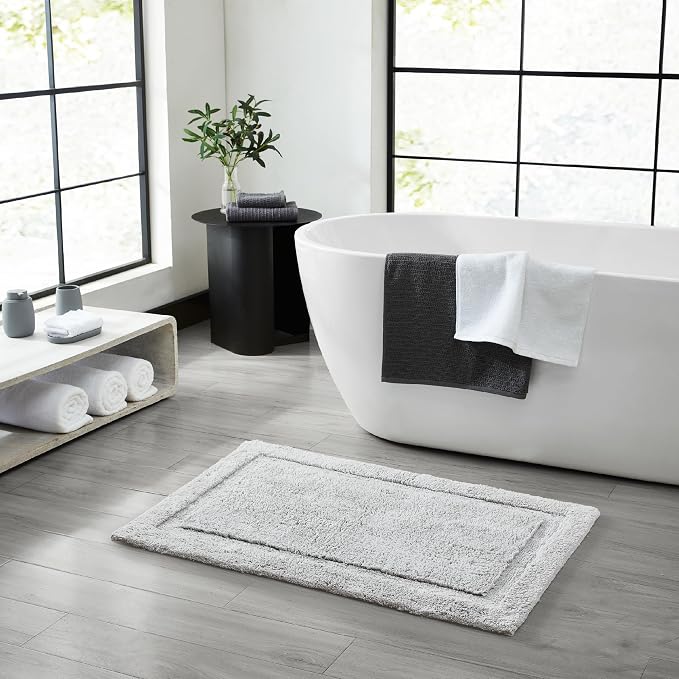 Jean Pierre New York Lydia Border 100% Cotton Bath Mat - Non-Slip Bath Rug - Gray - 27"x45"