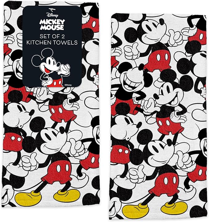 Disney Mickey Cotton Kitchen Towels, 2-Pack 16"x26", Absorbent | Durable, colorfast dish towels resist fraying, machine washable, dries dishes, hangs on oven handles, great for gifting