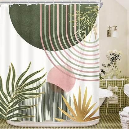 Mid Century Sage Green Pink Boho Abstract Bathroom Shower Curtain Set | 60Wx72L S Plant design, waterproof HD print with fast-drying fabric and 12 hooks.