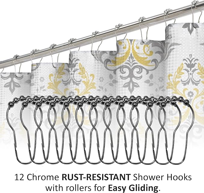 15-Piece Bathroom Shower Curtain Set – Set of 1 Shower Curtain & 12 Metal Hooks & 1 Bath Mat & 1 Contour Mat, Modern Bathroom Décor, Machine Washable, Cameron Yellow/Grey/White