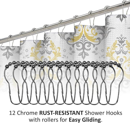 15-Piece Bathroom Shower Curtain Set – Set of 1 Shower Curtain & 12 Metal Hooks & 1 Bath Mat & 1 Contour Mat, Modern Bathroom Décor, Machine Washable, Cameron Yellow/Grey/White