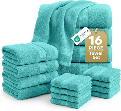 LANE LINEN Towel Set 16 Piece Soft Absorbent Quick Dry 100% Cotton - Teal | Dorm Towel Set - Terry Weave Comfort, Soft & Long-Lasting, Hotel-Style Look, Gets Softer With Every Wash, Machine Washable