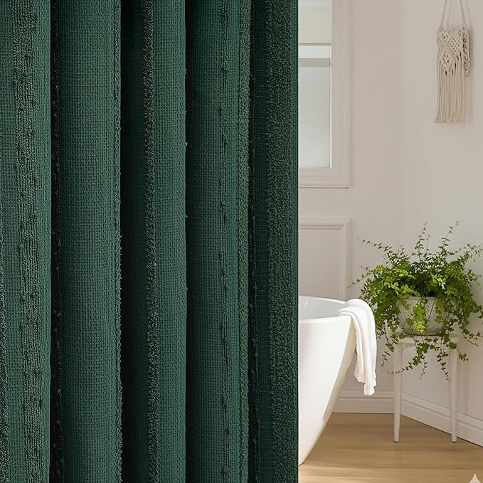 Extra Long Dark Green Shower Curtain Boho, 72 x 84 Cotton Blend Waffle Weave Stripe Textured Heavy Duty, Fabric Shower Curtain for Bathroom