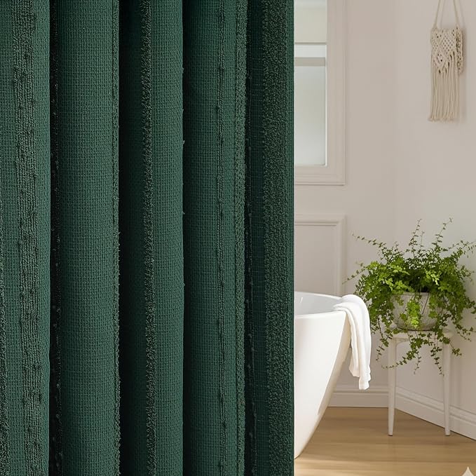 Dark Green Shower Curtain Boho, Cotton Blend Waffle Shower Curtain Textured, Fabric Shower Curtains for Bathroom, Hotel, 72 x 72