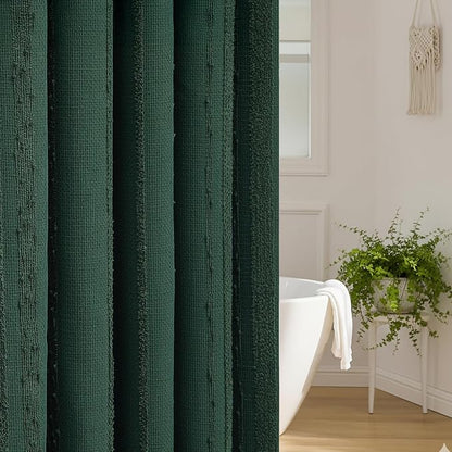 Dark Green Shower Curtain Boho, Cotton Blend Waffle Shower Curtain Textured, Fabric Shower Curtains for Bathroom, Hotel, 72 x 72
