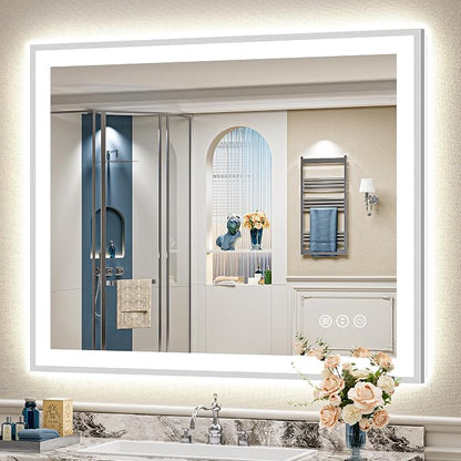 48x40 Inch Brushed Nickel LED Bathroom Mirror, Backlit & Front Lit | Silver Framed Anti-Fog Lighted Vanity Mirror with Lights, 3 Color Dimmable, Memory, HD Tempered Glass, CRI95, IP54, UL Listed