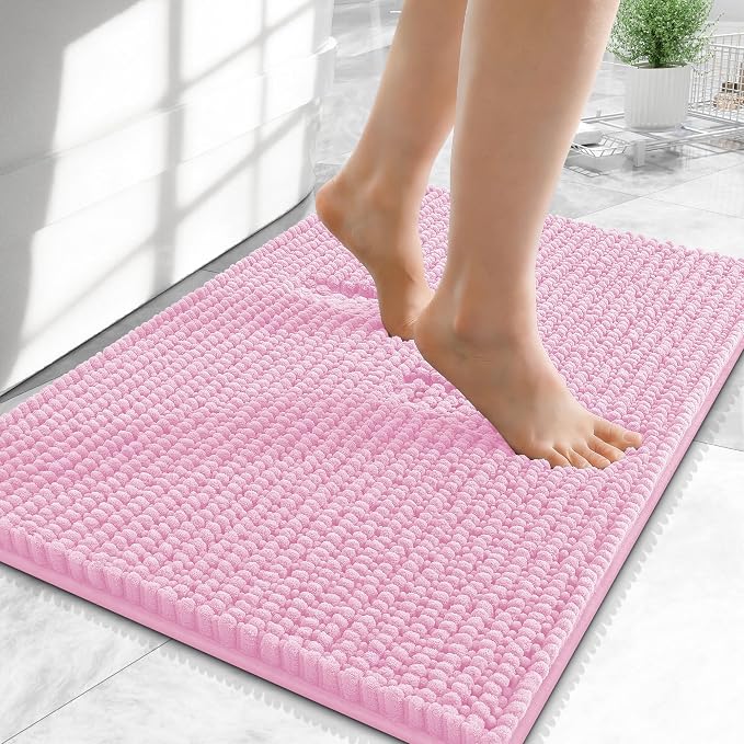 OLANLY Thick Chenille Small Bathroom Rugs 24x16, Absorbent Bath Mat, Pink | Soft Bath Rugs, Rubber Backing, Machine Wash Dry, Bath Mats for Bathroom, Tub and Shower, Home Decor Accessories
