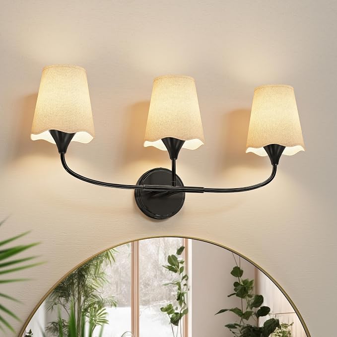 Morauroral Bathroom Light Fixtures Over Mirror, 3 Light Vanity Light for Bathroom, Black Vanity Light Fixtures with Fabric Linen Shade, E26 Socket Sconce Wall Decor(ETL Listed)