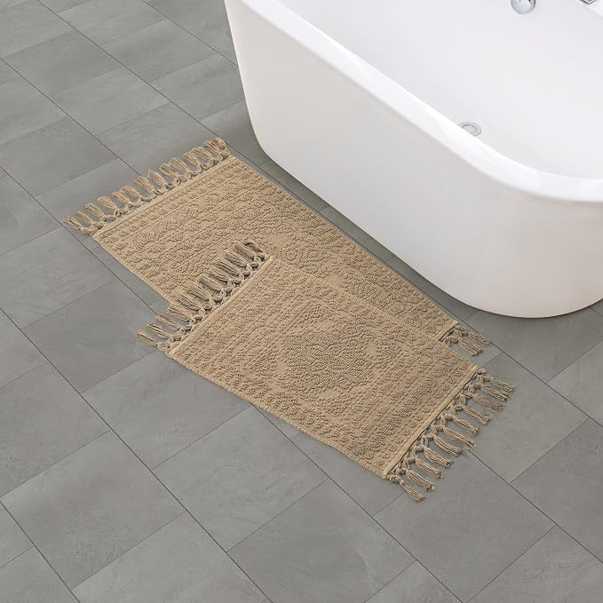 French Connection Nellore Bath Rugs, Set of 2 Woven and Beaded Bath Mats, Durable and Thick Bath Mats for Bathroom and Shower Rugs, 17" x 28" and 20" x 38", Taupe