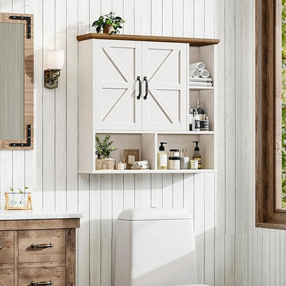 Bathroom Wall Cabinet, Farmhouse Medicine Cabinet with Double Barn Door and Adjustable Wood Shelf, Over The Toilet Storage Cabinet for Wall Mounted for Bathroom Laundry Room Kitchen (White and Brown)