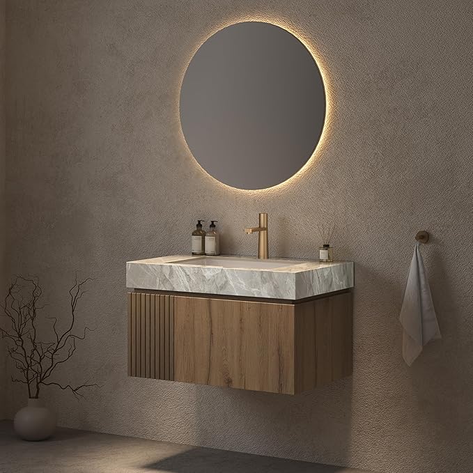 Ambrovina 30" Floating Bathroom Vanity with Sink, Modern Plywood Bathroom Storage Cabinet with Drawer and Door, Gray Sintered Stone Countertop and White Ceramic Basin, Pre-Assembled, Light Oak
