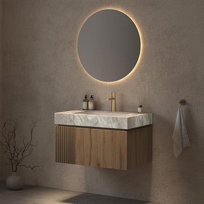 Ambrovina 30" Floating Bathroom Vanity with Sink, Modern Plywood Bathroom Storage Cabinet with Drawer and Door, Gray Sintered Stone Countertop and White Ceramic Basin, Pre-Assembled, Light Oak