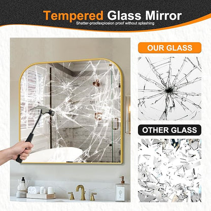 30"x30" Gold Metal Framed Bathroom Mirror for Over Sink | Rounded rectangle shape. Shatterproof HD glass, all mounting hardware for bathroom, bedroom, entryway.