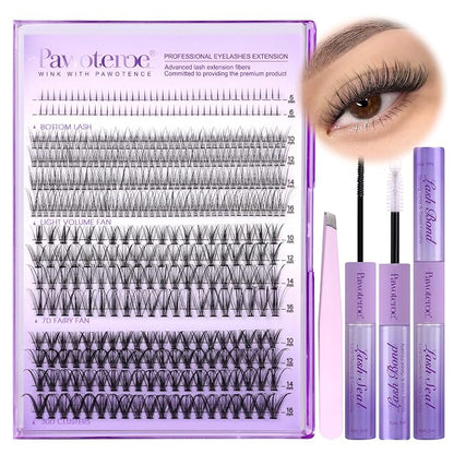 Lash Extension Kit Lash Clusters Multi-types Individual Lashes Natural Bottom, Light Volume, 20D 30D Clusters Eyelash Extension Kit with Lash Bond and Seal, Lash Applicator for Self Use