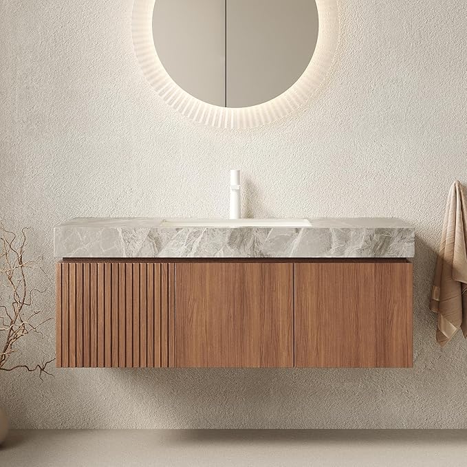 48 Inch Floating Bathroom Vanity with Sink, Wall-Mounted Farmhouse Bathroom Vanity with Drawer and Doors, Light Gray Sintered Stone Countertop and Ceramic Basin, Pre-Assembled,Brown Oak