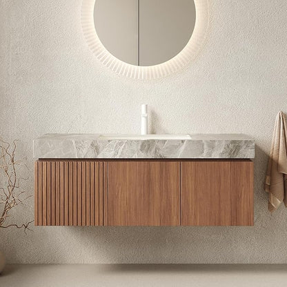 48 Inch Floating Bathroom Vanity with Sink, Wall-Mounted Farmhouse Bathroom Vanity with Drawer and Doors, Light Gray Sintered Stone Countertop and Ceramic Basin, Pre-Assembled,Brown Oak