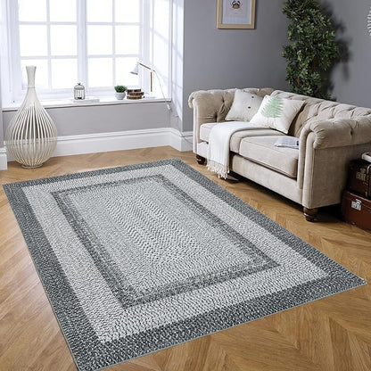 Printed Washable Rugs 3x5 Rug for Living Room Modern Rug Non Slip Entryway Rug Braided Pattern Soft Low Pile Non Shedding Stain Resistant Carpet for Bedroom Office Nursery 3'x5' Grey